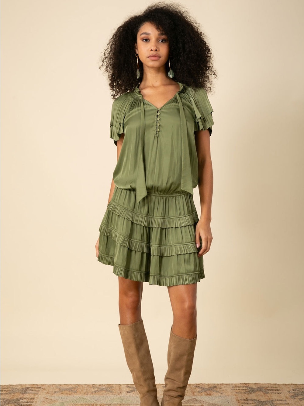 NWT Hale Bob Alexandria Drop Waist Tiered Pleated Charmeuse Dress Large Olive